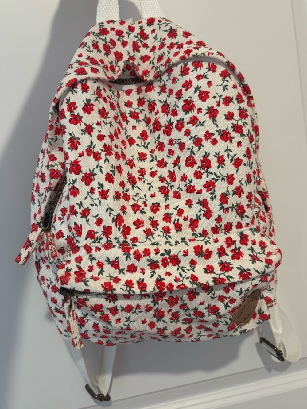 Billabong White Floral Mini Backpack with Red Rose Print